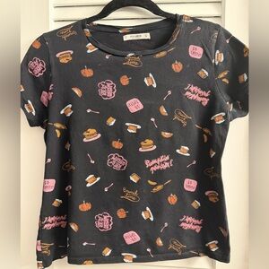 Pull & Bear Fall Pumpkin Spice Coffee Pancake Brunch Themed Tee Shirt Size Small